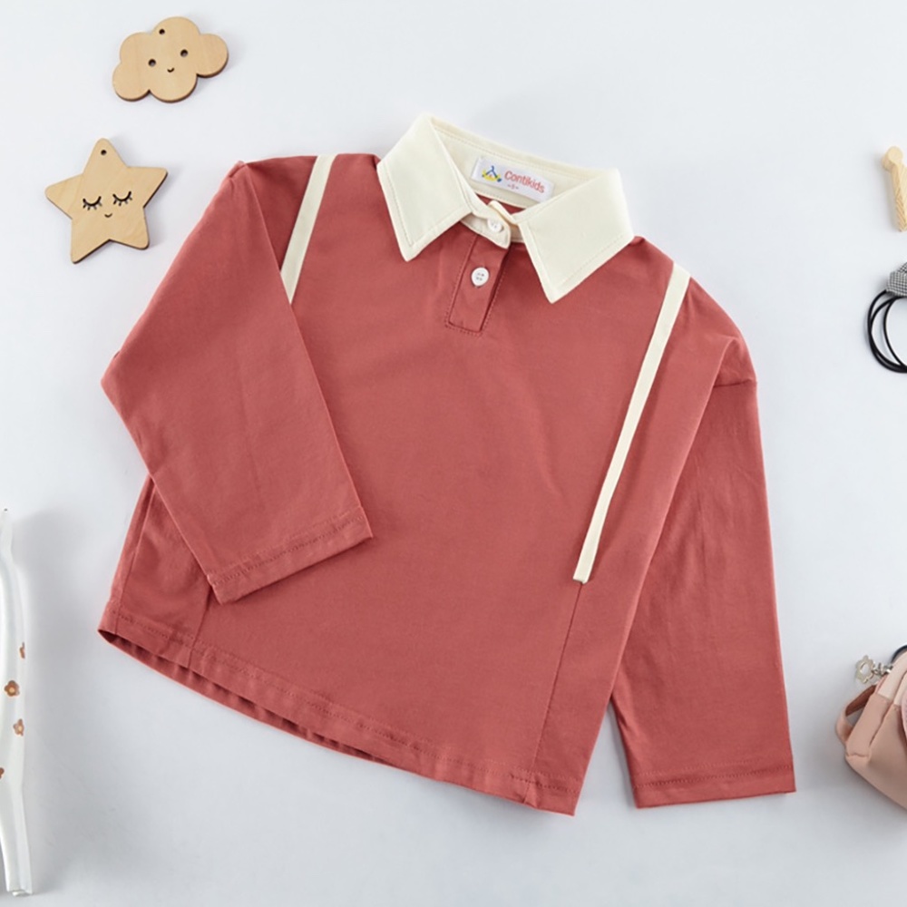 Toddler Little Girls Long Sleeve Polo Cotton Collar Top Tee Shirts Coral Red